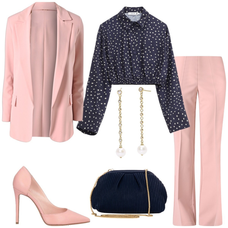 Outfit donna - Cerimonia. Stile Chic per Cerimonia. Abbinamento con décolleté, pochette, pantaloni, blazer, camicie, orecchini.