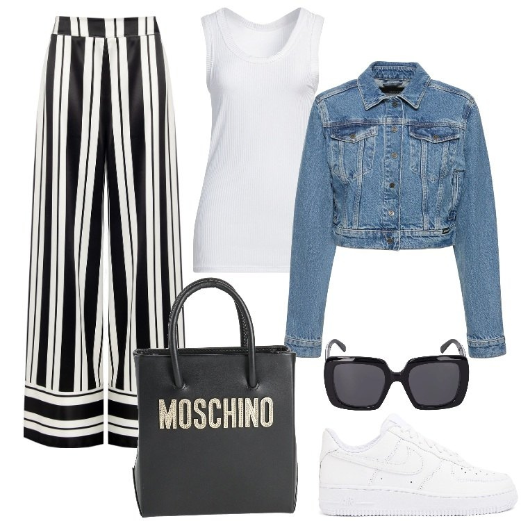 Outfit donna - Trendy con i pantaloni eleganti. Stile Trendy per Tutti i giorni. Abbinamento con borse a mano, canottiere, pantaloni a palazzo, blazer, sneakers, occhiali da sole.