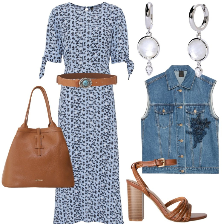 Outfit donna - Blu e cuoio da giorno. Stile Casual chic per Tutti i giorni. Abbinamento con vestiti midi/longuette, orecchini, borse tote, cinture, gilet, sandali col tacco.