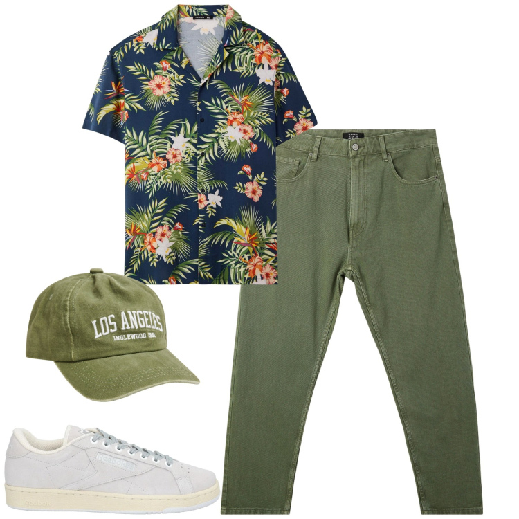 Outfit uomo - City. Stile Casual per Tutti i giorni. Abbinamento con sneakers, camicie a manica corta, cappelli, pantaloni.