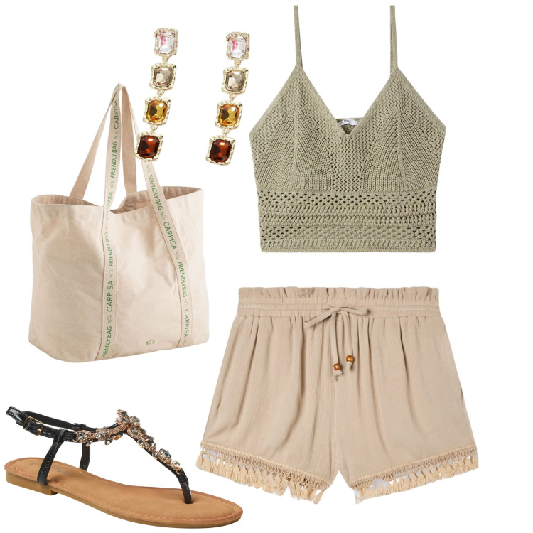 Outfit donna - Pensando all\'estate. Stile Boho per Mare. Abbinamento con top, sandali gioiello, shorts, orecchini, shopping bag.