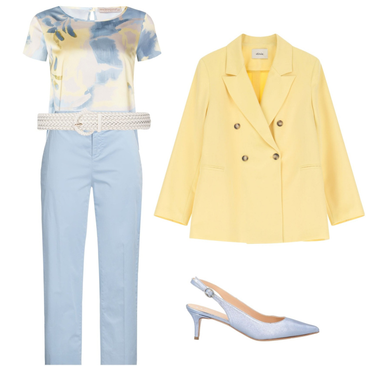 Outfit donna - Azzurro come il cielo, giallo come il s. Stile Casual chic per Tutti i giorni. Abbinamento con pantaloni, décolleté, blazer, bluse, cinture.