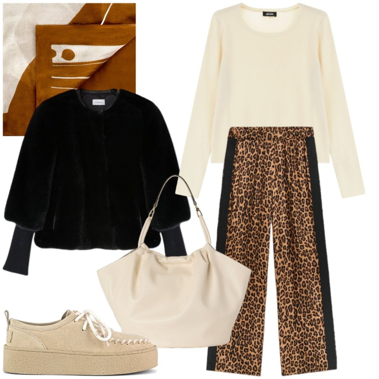 Outfit donna - Tessuti morbidi e avvolgenti. Stile Casual chic per Serata fuori. Abbinamento con sciarpe, pullovers, mocassini, borse a secchiello, cappe, pantaloni.