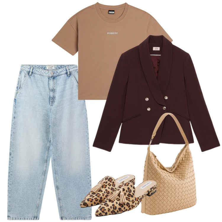 Outfit donna - Fine aprile. Stile Casual chic per Tutti i giorni. Abbinamento con sabot, jeans, t-shirt, blazer, borse a tracolla.