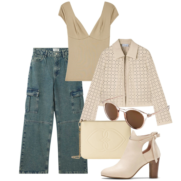 Outfit donna - Aprile. Stile Casual chic per Tutti i giorni. Abbinamento con stivaletti, occhiali da sole, t-shirt, jeans, blazer, pochette.
