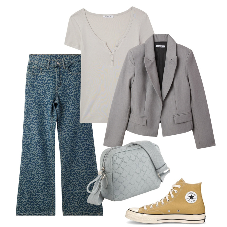 Outfit donna - Converse. Stile Casual per Tutti i giorni. Abbinamento con blazer, t-shirt, jeans, borse a tracolla, sneakers.