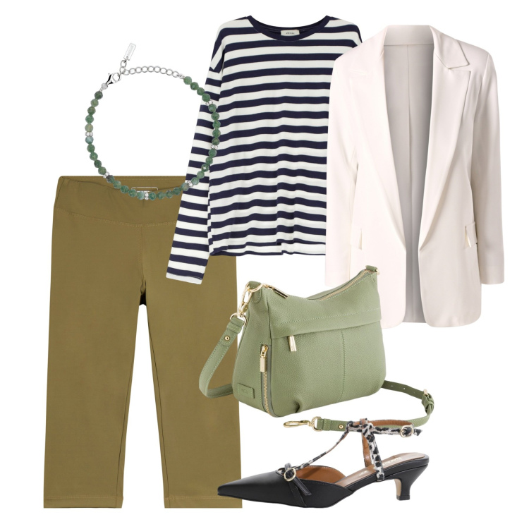 Outfit donna - Righe e blazer. Stile Chic per Tutti i giorni. Abbinamento con décolleté, t-shirt, braccialetti, blazer, leggings, borse a tracolla.
