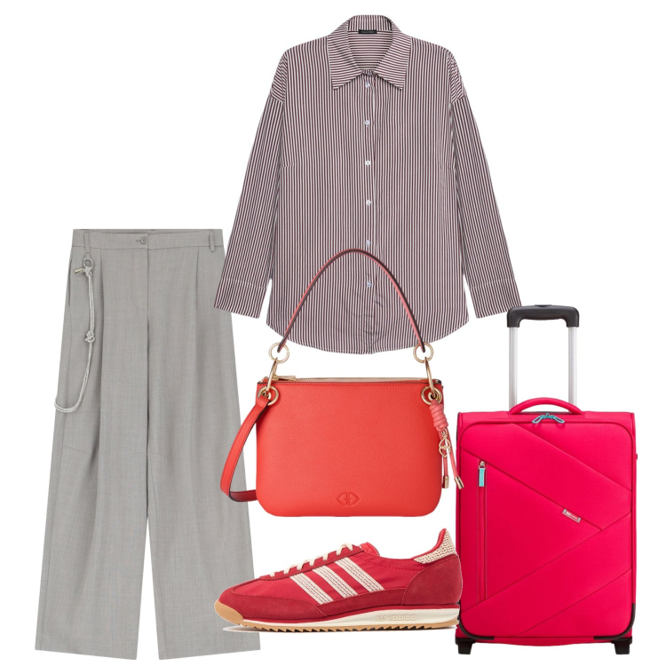 Outfit donna - In viaggio. Stile Basic per Tutti i giorni. Abbinamento con pantaloni, camicie, borse a tracolla, sneakers, valigie.