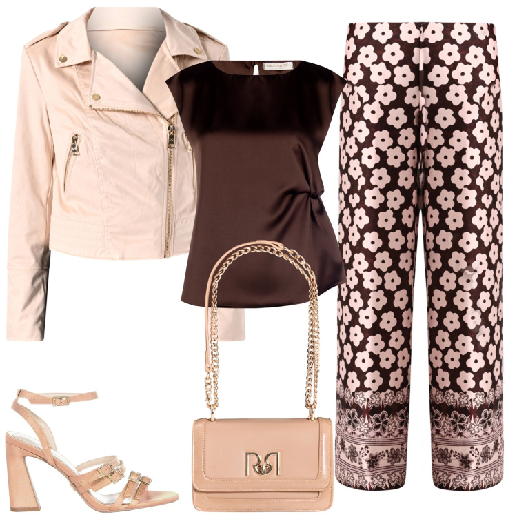 Outfit donna - Marrone e neutro. Stile Casual chic per Cerimonia. Abbinamento con pantaloni a palazzo, sandali col tacco, top, giacche, borse a tracolla.