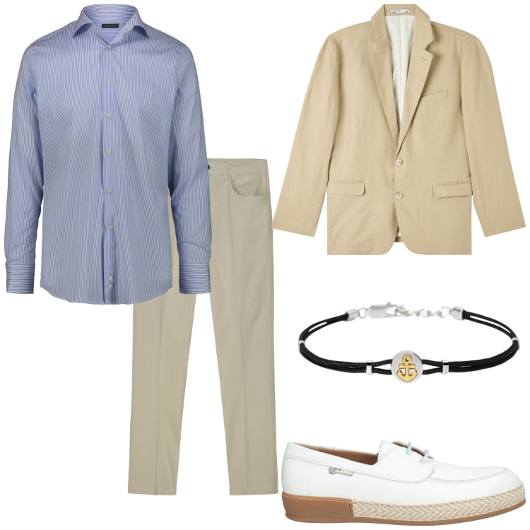 Outfit uomo - Ceniamo al porto. Stile Trendy per Serata speciale. Abbinamento con scarpe stringate, giacche, braccialetti, pantaloni, camicie.