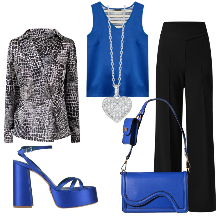 Outfit donna - Invito a cena. Stile Casual chic per Serata fuori. Abbinamento con sandali in pelle, collane, pantaloni, bluse, pochette, top.