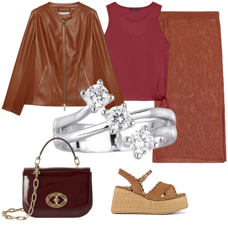 Outfit donna - Toni di ruggine. Stile Casual per Serata fuori. Abbinamento con anelli, gonne longuette, zeppe, top, borse a tracolla, blazer.