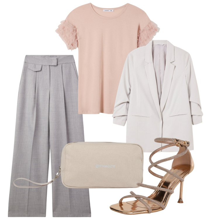Outfit donna - Serata. Stile Chic per Serata fuori. Abbinamento con pantaloni, blazer, sandali col tacco, t-shirt, valigie.