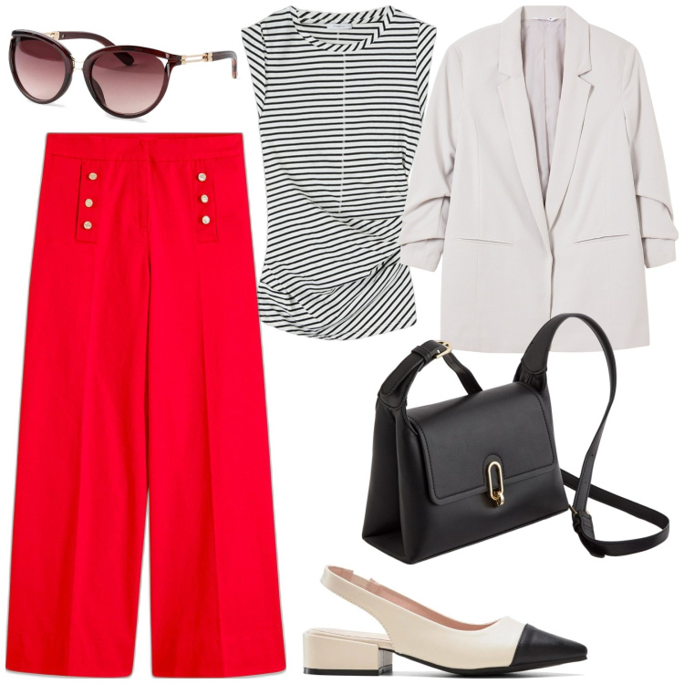 Outfit donna - Il top a righe. Stile Bon Ton per Tutti i giorni. Abbinamento con occhiali da sole, décolleté, pantaloni, blazer, top, borse a tracolla.