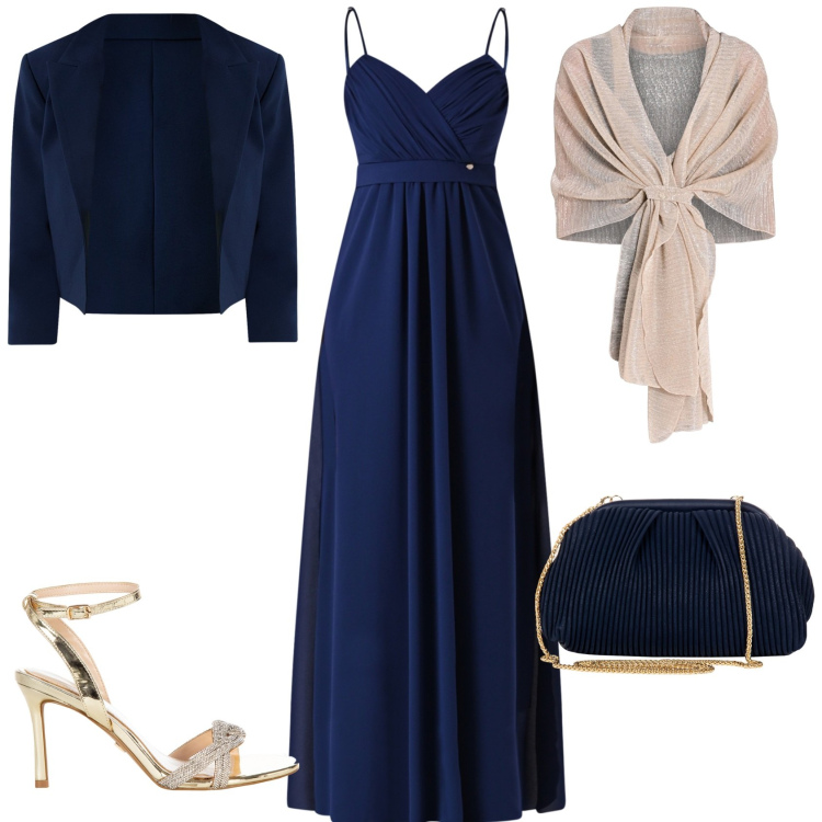 Outfit donna - Un classico blu navy. Stile Chic per Cerimonia. Abbinamento con stole, blazer, vestiti lunghi, pochette, sandali col tacco.