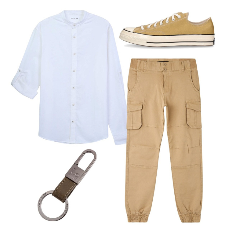 Outfit uomo - Cargo. Stile Casual per Tutti i giorni. Abbinamento con camicie, pantaloni cargo, sneakers, portachiavi.