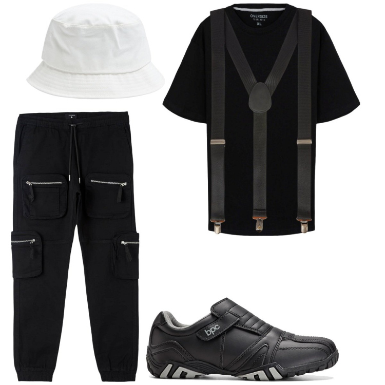 Outfit uomo - Formale e alla moda. Stile Casual per Tutti i giorni. Abbinamento con scarpe stringate, t-shirt, pantaloni cargo, cappelli, bretelle.