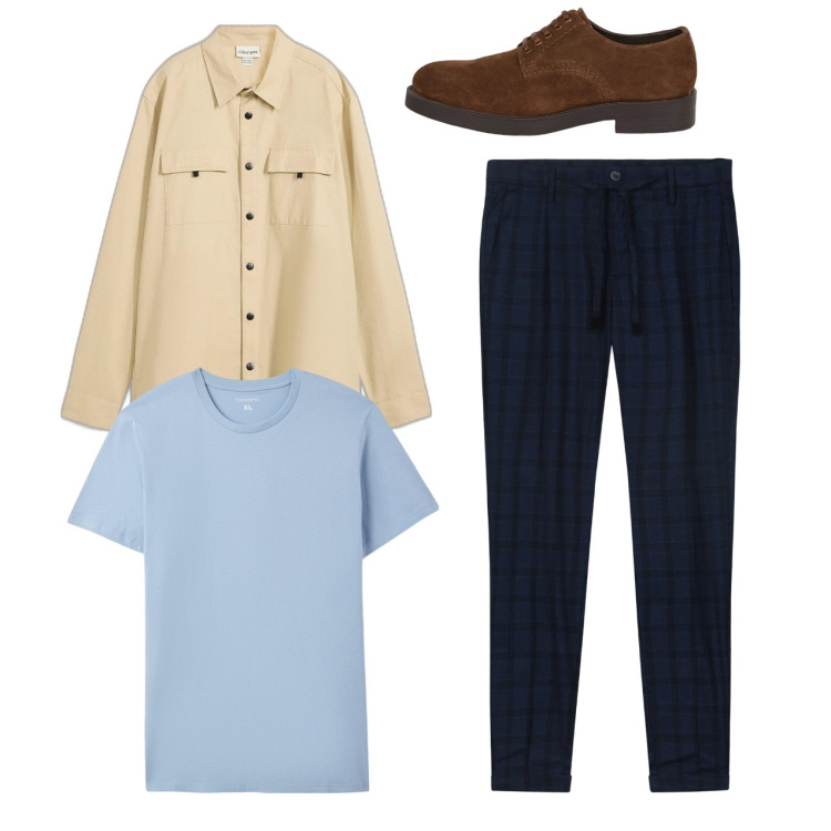 Outfit uomo - Pomeriggio. Stile Casual per Tutti i giorni. Abbinamento con camicie, t-shirt, pantaloni, scarpe stringate.