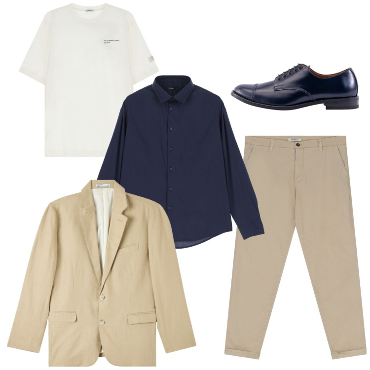 Outfit uomo - Total look. Stile Casual per Serata speciale. Abbinamento con giacche, pantaloni chino, t-shirt, camicie, scarpe stringate.