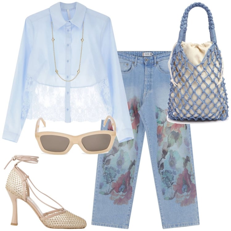 Outfit donna - Soft emozione. Stile Casual chic per Tutti i giorni. Abbinamento con collane, camicie, jeans dritti, décolleté, occhiali da sole, borse a spalla.
