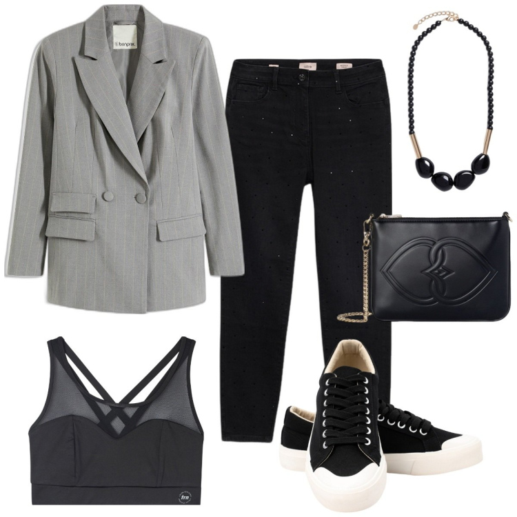Outfit donna - Elegante casual. Stile Casual chic per Tutti i giorni. Abbinamento con blazer, canottiere, sneakers, jeans skinny, pochette, collane.