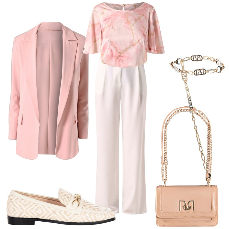 Outfit donna - Battesimo in vista?. Stile Romantica per Cerimonia. Abbinamento con pantaloni, blazer, bluse, borse a tracolla, mocassini, cinture.