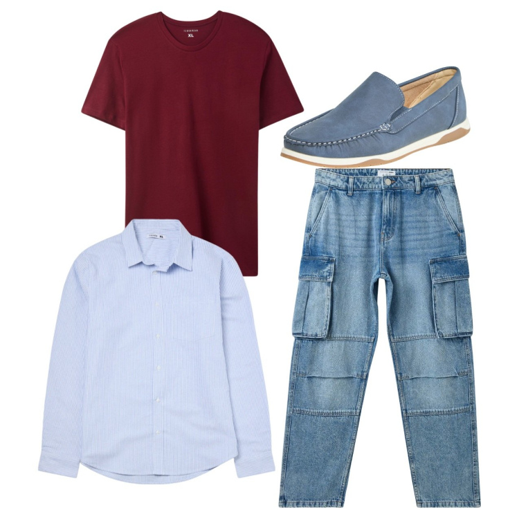 Outfit uomo - Total look. Stile Casual per Tutti i giorni. Abbinamento con scarpe stringate, t-shirt, jeans, camicie.