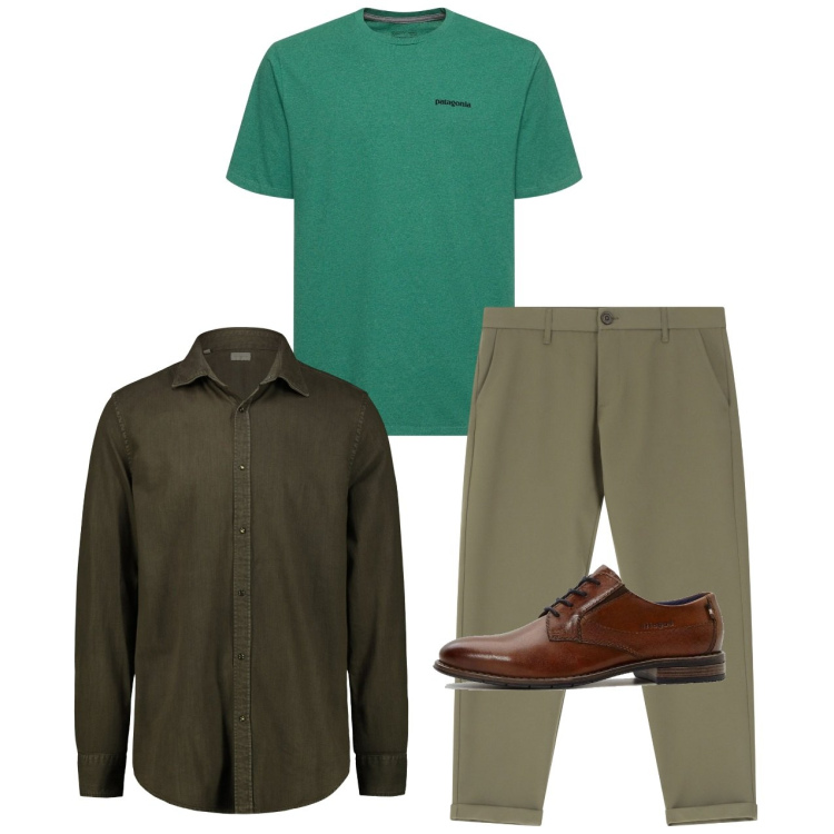 Outfit uomo - Verde in primavera. Stile Casual per Tutti i giorni. Abbinamento con scarpe stringate, pantaloni chino, t-shirt, camicie.