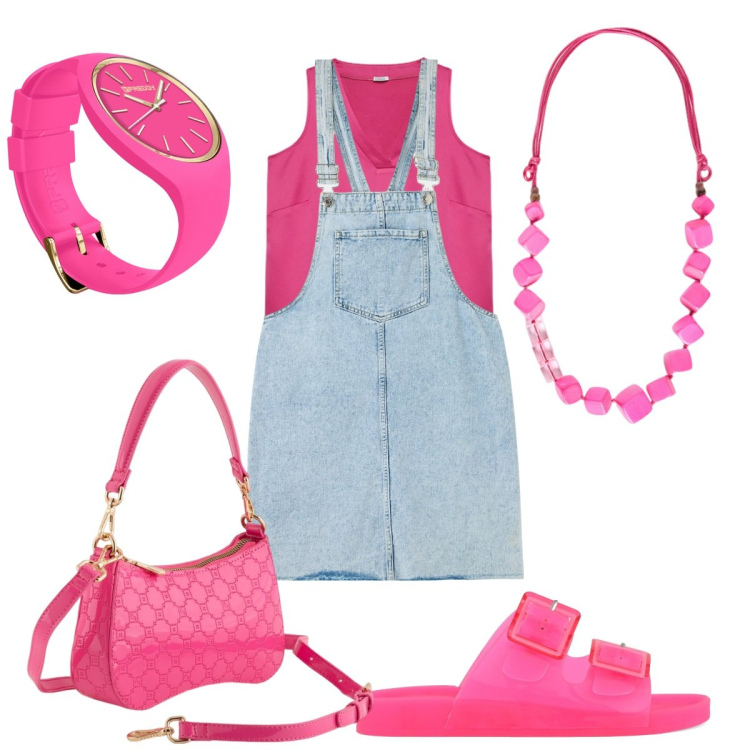 Outfit donna - Neon barbie. Stile Urban per Tutti i giorni. Abbinamento con salopette, orologi, sandali, collane, top, borse a tracolla.