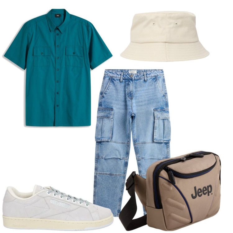 Outfit uomo - Outfit. Stile Casual per Tutti i giorni. Abbinamento con camicie a manica corta, sneakers, cappelli, jeans, borse sportive.