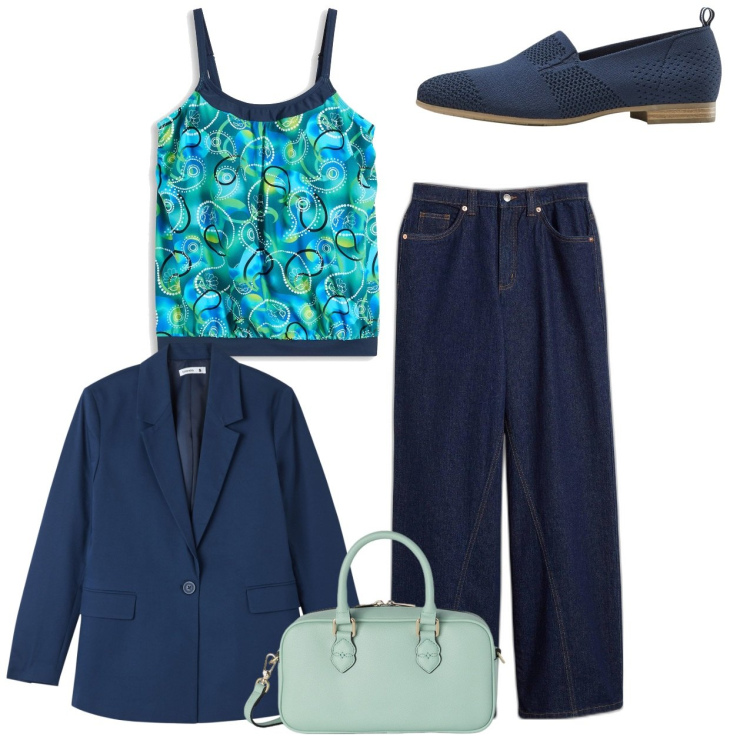 Outfit donna - Top e blazer. Stile Bon Ton per Ufficio. Abbinamento con top, mocassini, jeans, blazer, borse a mano.