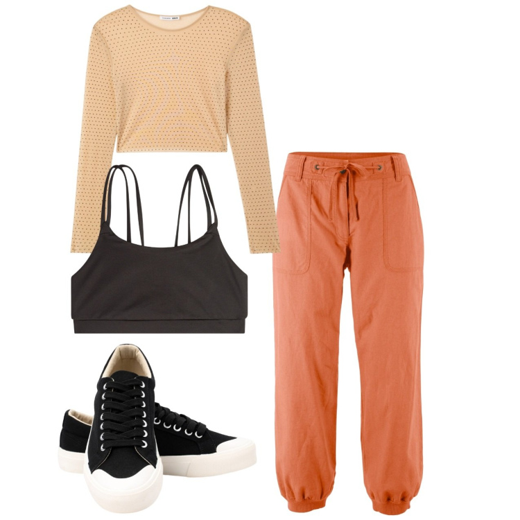 Outfit donna - Sporty. Stile Sporty chic per Sport. Abbinamento con pantaloni capri, maglieria, canottiere, sneakers.