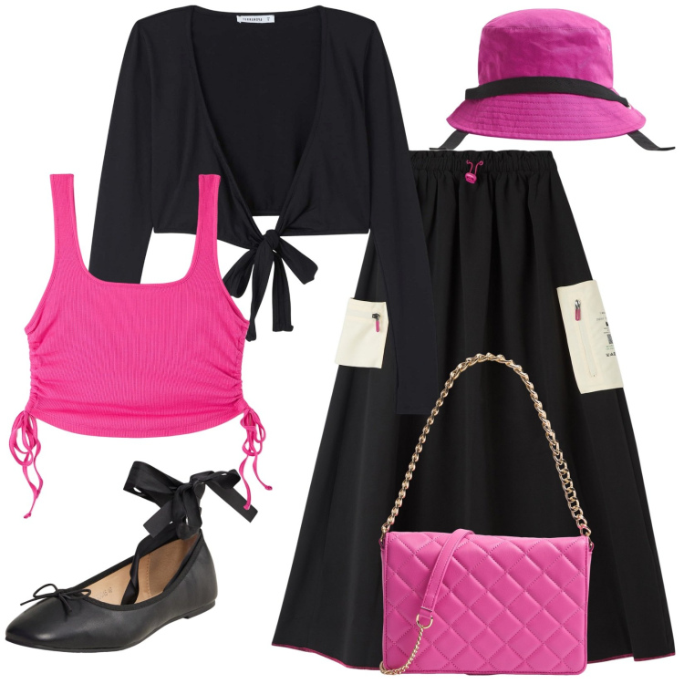 Outfit donna - Al parco x lo spettacolo hip hop. Stile Casual chic per Tutti i giorni. Abbinamento con canottiere, cappelli, gonne lunghe, blazer, borse a tracolla, ballerine.