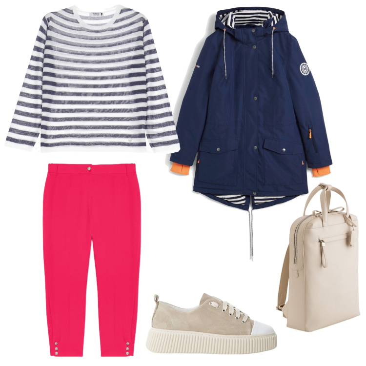 Outfit donna - Libera. Stile Basic per Tutti i giorni. Abbinamento con blazer, maglieria, sneakers, pantaloni chino, zaini.