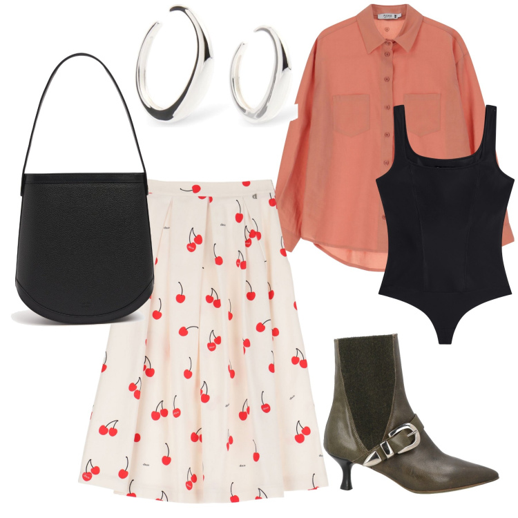 Outfit donna - Ciliegie in ufficio. Stile Urban per Ufficio. Abbinamento con stivaletti, camicie, body, gonne, orecchini, borse a mano.