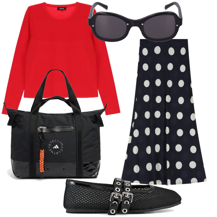 Outfit donna - Total look. Stile Urban per Ufficio. Abbinamento con gonne lunghe, pullovers, ballerine, occhiali da sole, shopping bag.