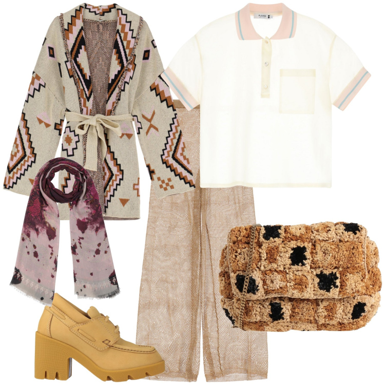 Outfit donna - Un kimono per incontrare amica. Stile Trendy per Tutti i giorni. Abbinamento con scarpe stringate, borse a tracolla, sciarpe, polo, pantaloni, cardigans.
