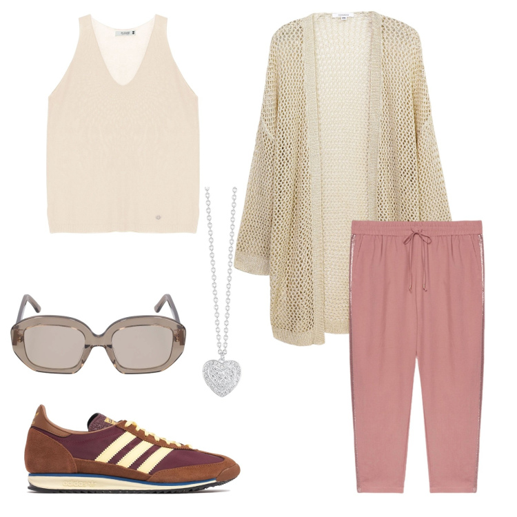Outfit donna - Passeggiando con amiche. Stile Casual chic per Sport. Abbinamento con kimono, collane, top, pantaloni, occhiali da sole, sneakers.