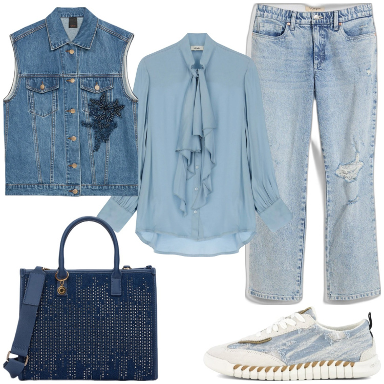 Outfit donna - Casual chic al lavoro. Stile Casual chic per Tutti i giorni. Abbinamento con jeans dritti, bluse, sneakers, borse a mano, gilet.