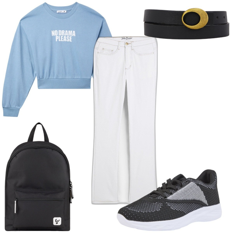 Outfit donna - Total look #2107583. Stile Trendy per Scuola/Università. Abbinamento con jeans dritti, felpe, sneakers, zaini, cinture.