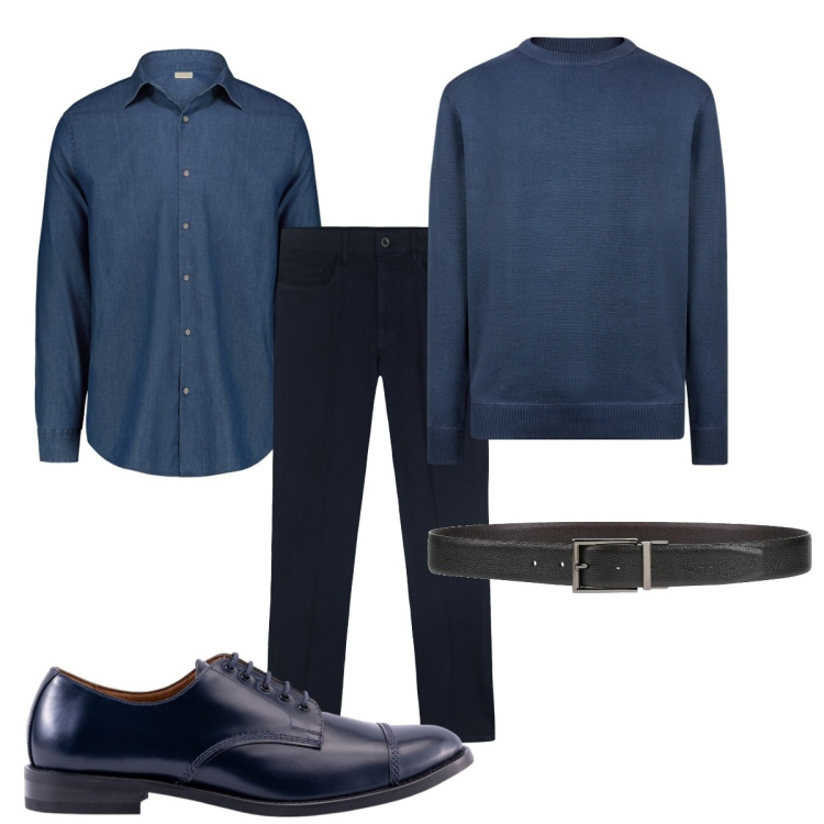 Outfit uomo - Lunedì in ufficio. Stile Business/Elegante per Ufficio. Abbinamento con cinture, maglieria, camicie, pantaloni, scarpe stringate.
