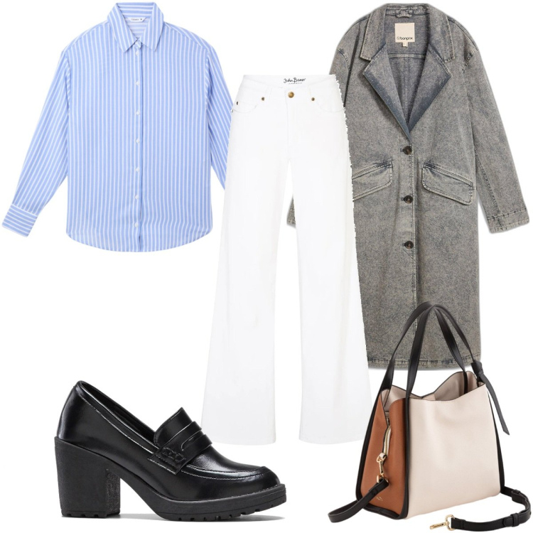 Outfit donna - Total look #2107599. Stile Trendy per Tutti i giorni. Abbinamento con jeans, mocassini, trench, camicie, borse a mano.