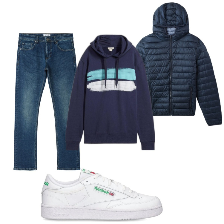 Outfit uomo - Total look #2107615. Stile Casual per Tutti i giorni. Abbinamento con felpe con cappuccio, piumini, jeans dritti, sneakers.