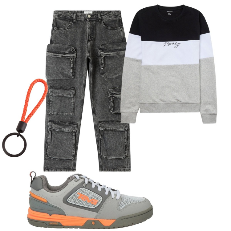 Outfit uomo - Total look #2107621. Stile Casual per Tutti i giorni. Abbinamento con sneakers, felpe, jeans, portachiavi.