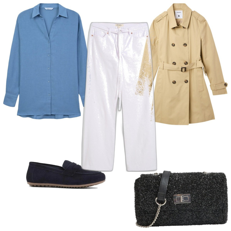 Outfit donna - Total look #2107625. Stile Trendy per Tutti i giorni. Abbinamento con mocassini, jeans, trench, camicie, borse a tracolla.