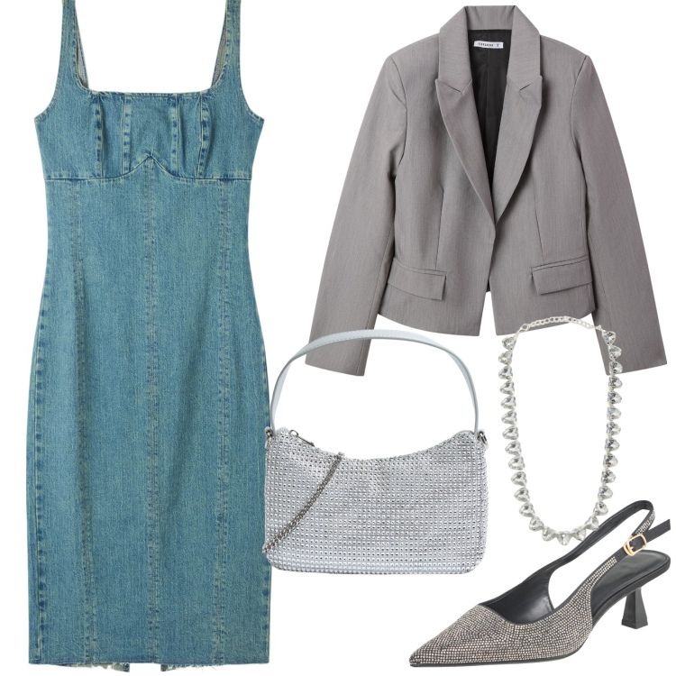 Outfit donna - Tubino in jeans. Stile Casual chic per Serata fuori. Abbinamento con blazer, vestiti lunghi, décolleté, borse a tracolla, collane.