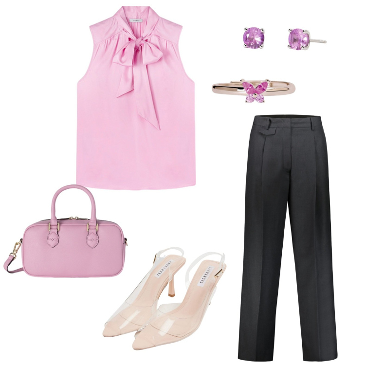 Outfit donna - aperitivo in rosa. Abbinamento con sandali col tacco, orecchini, anelli, pantaloni, top, borse a mano.
