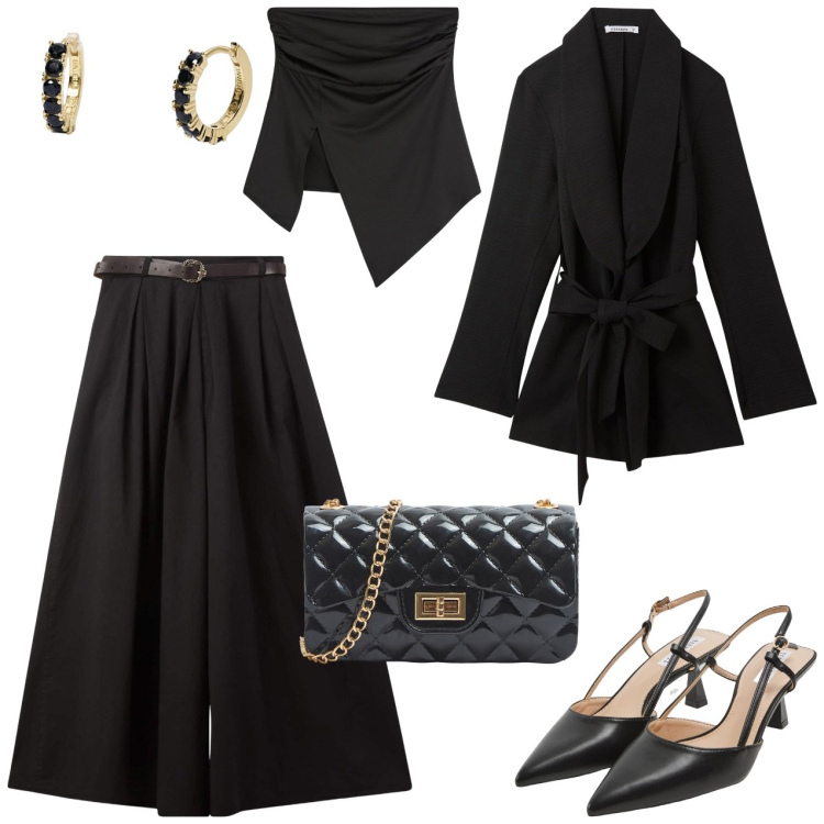 Outfit donna - Total black. Stile Chic per Cerimonia. Abbinamento con top, sabot, borse a tracolla, pantaloni, blazer, orecchini.