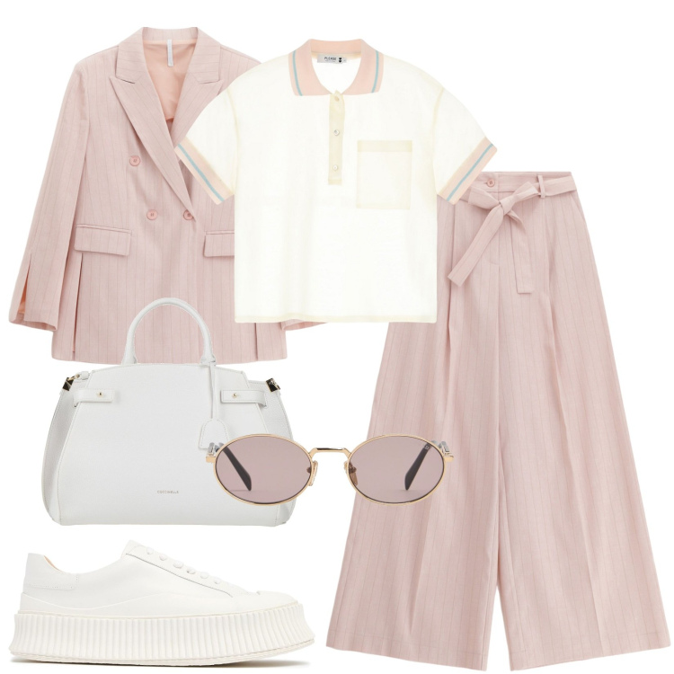 Outfit donna - Total look #2107688. Stile Casual chic per Ufficio. Abbinamento con borse a mano, polo, blazer, pantaloni, occhiali da sole, sneakers.
