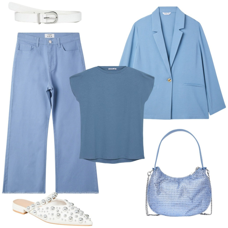 Outfit donna - Esame all\'università. Stile Casual chic per Scuola/Università. Abbinamento con ballerine, blazer, pantaloni, t-shirt, borse a spalla, cinture.